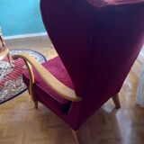 Fauteuil vintage années 1950 en velours rouge et bois hauteur 99