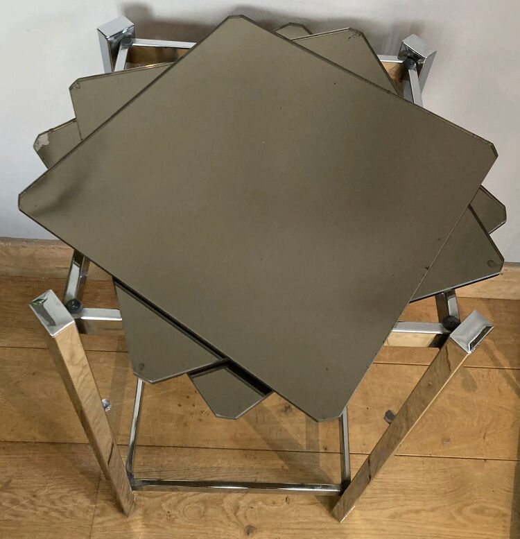 1970s sofa end harness in chromed metal, 3 removable shelves smoked mirrors (available)