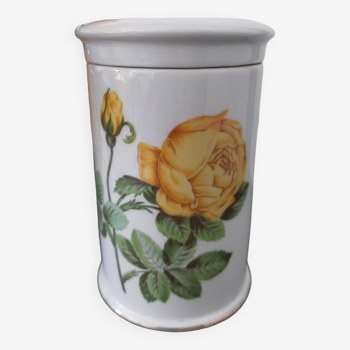 Antique apothecary pot in white French Paris porcelain with Yellow Rose decoration