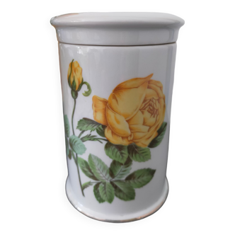 Antique apothecary pot in white French Paris porcelain with Yellow Rose decoration