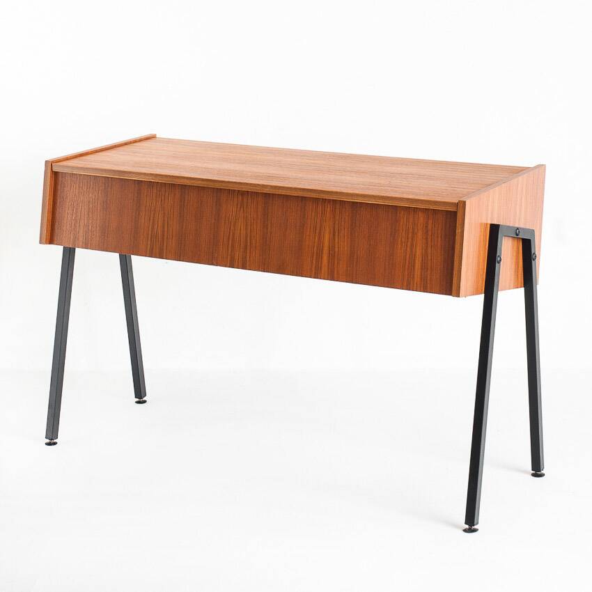 Vintage teak and lacquered iron console table. Scandinavian style. France, 1960s