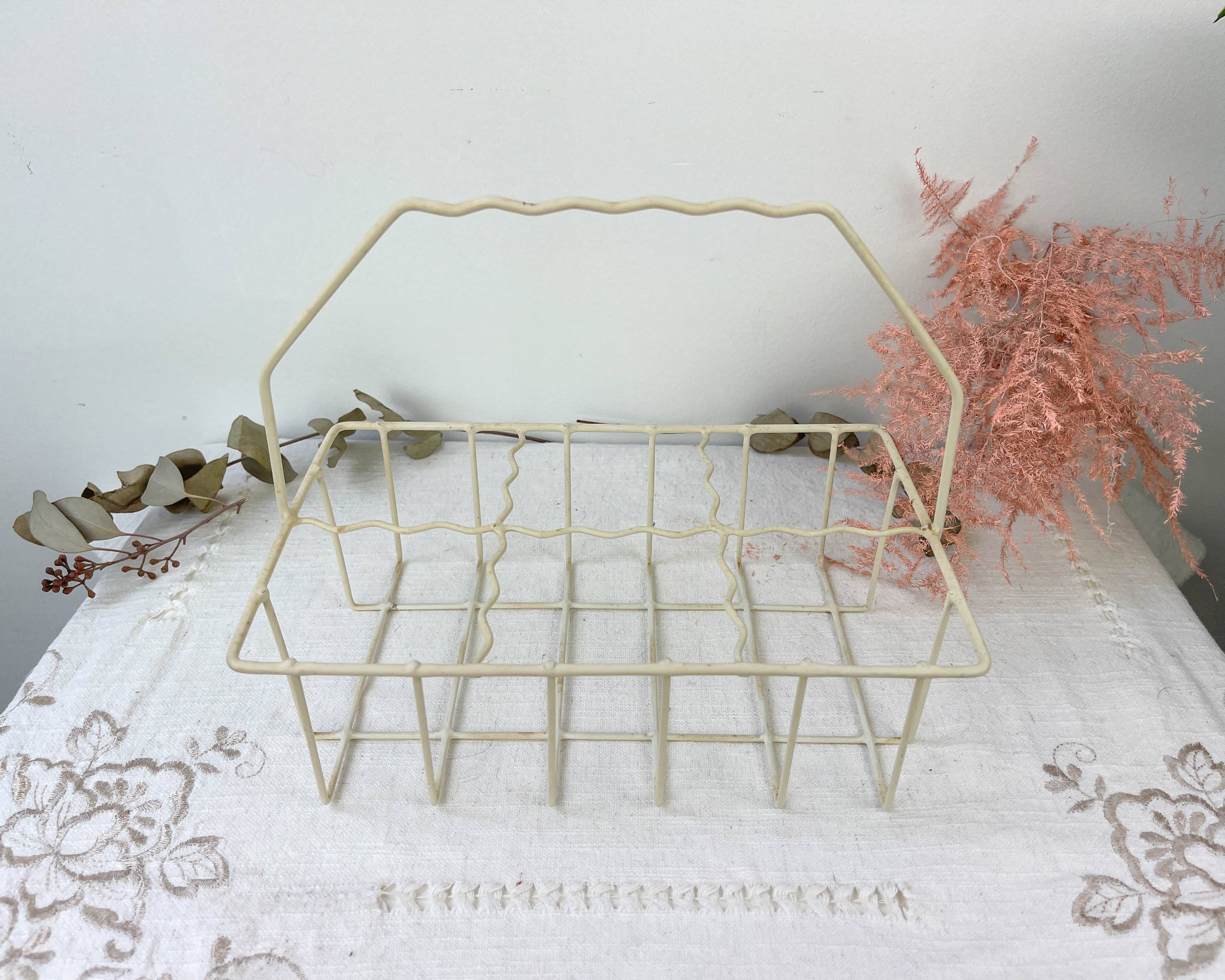 6 colorful juice glasses in their vintage basket