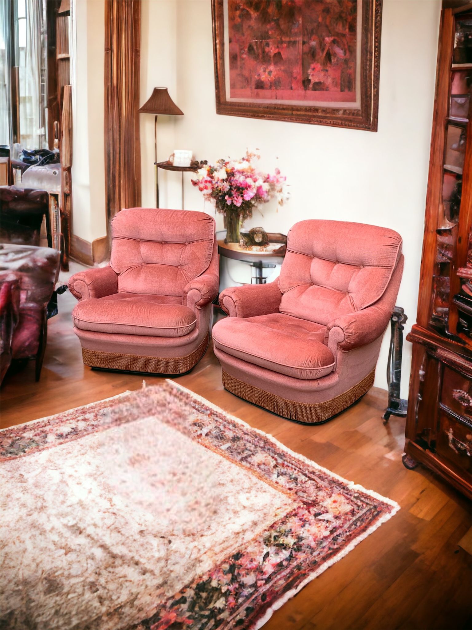 Pair of pink tufted velvet frog chairs 1970