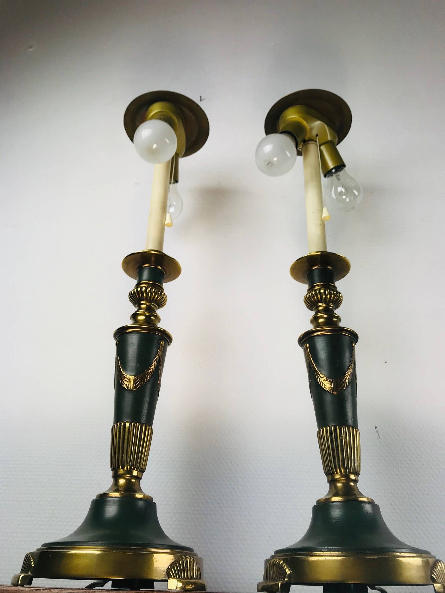 Vintage dutch brass and green table lamps from kullmann, 1970s, set of 2 table lamps. baroque