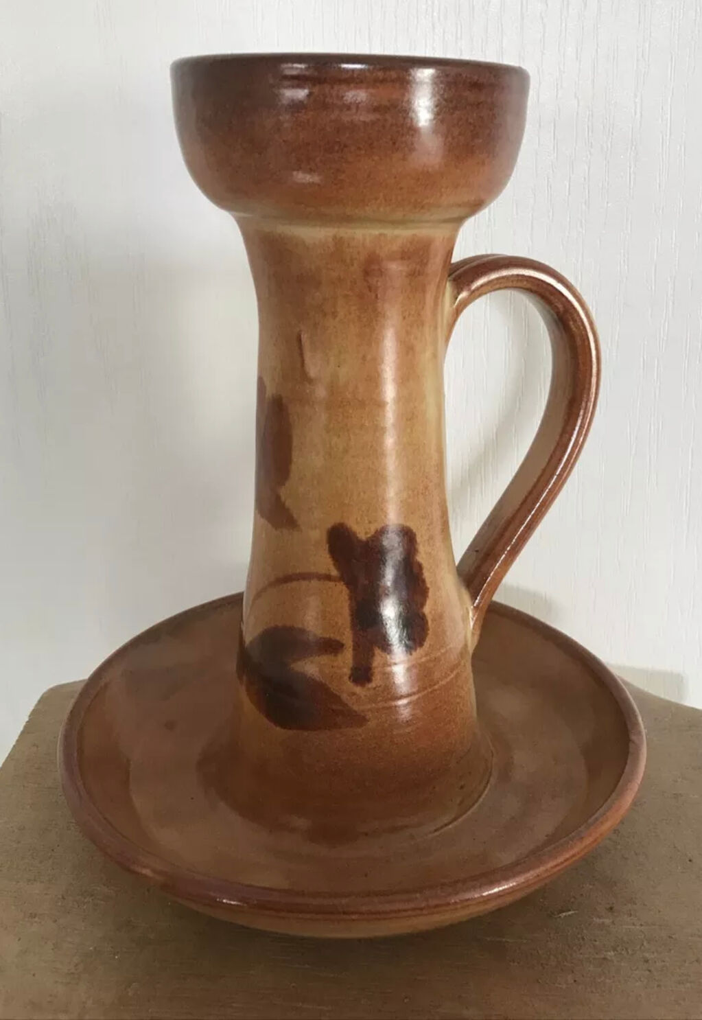 Vintage candle holder in glazed terracotta floral paint decoration