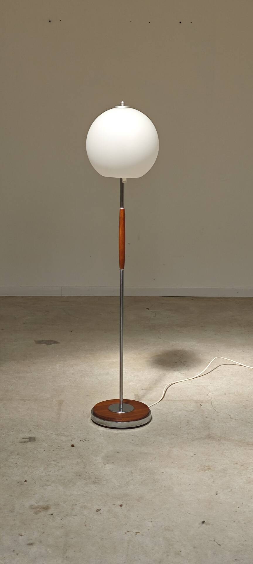 Modernist floor lamp in teak, chrome metal, opaline, Czechoslovakia 60s