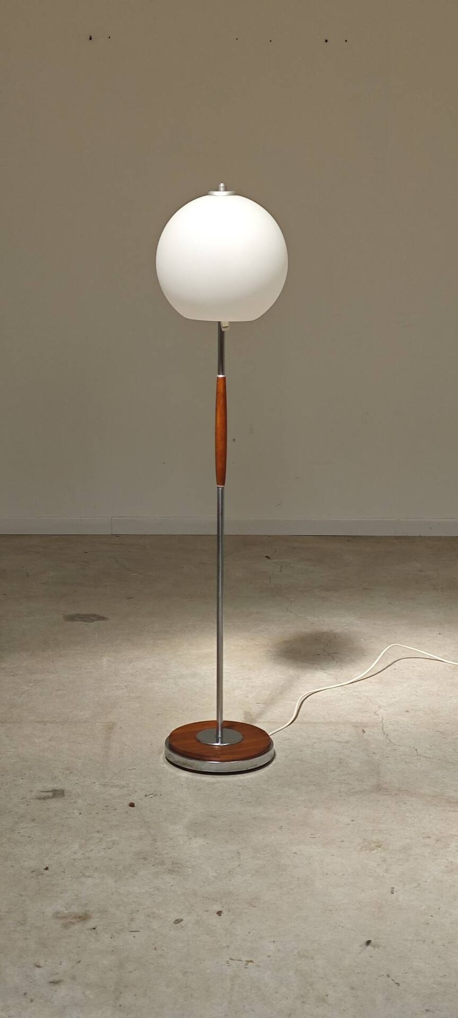 Modernist floor lamp in teak, chrome metal, opaline, Czechoslovakia 60s