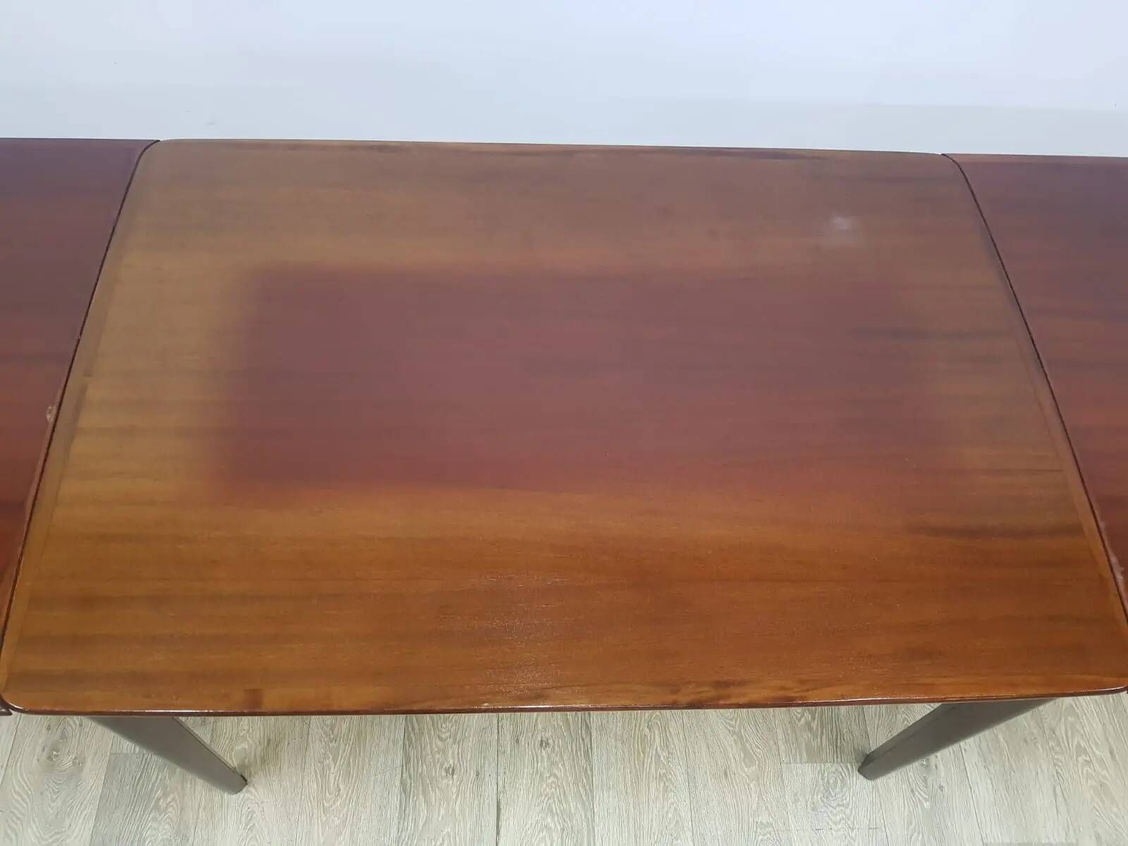 Table and four chairs set, brown wood, beige fabric, Denmark, 1970s.