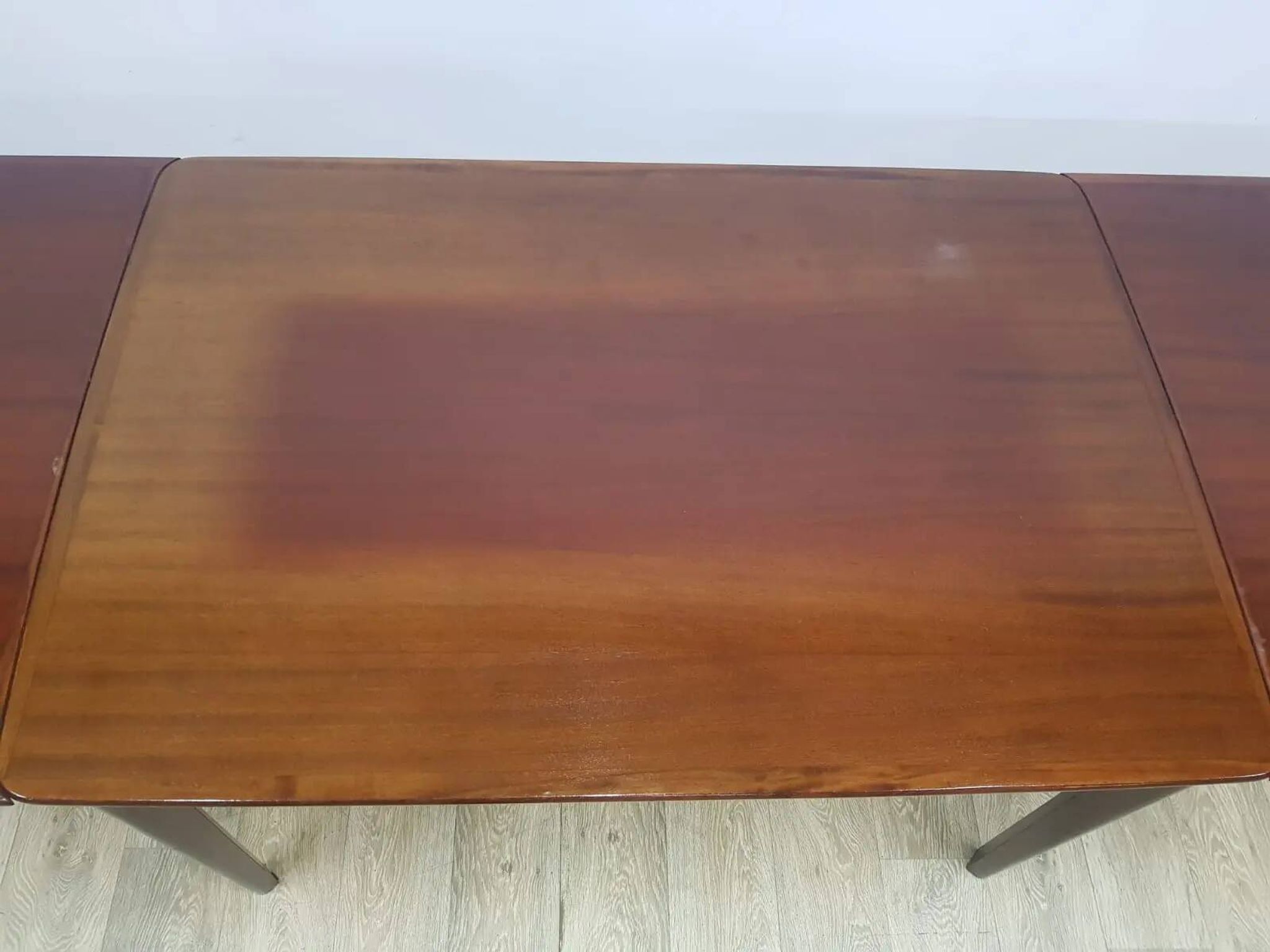 Table and four chairs set, brown wood, beige fabric, Denmark, 1970s.