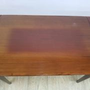 Table and four chairs set, brown wood, beige fabric, Denmark, 1970s.