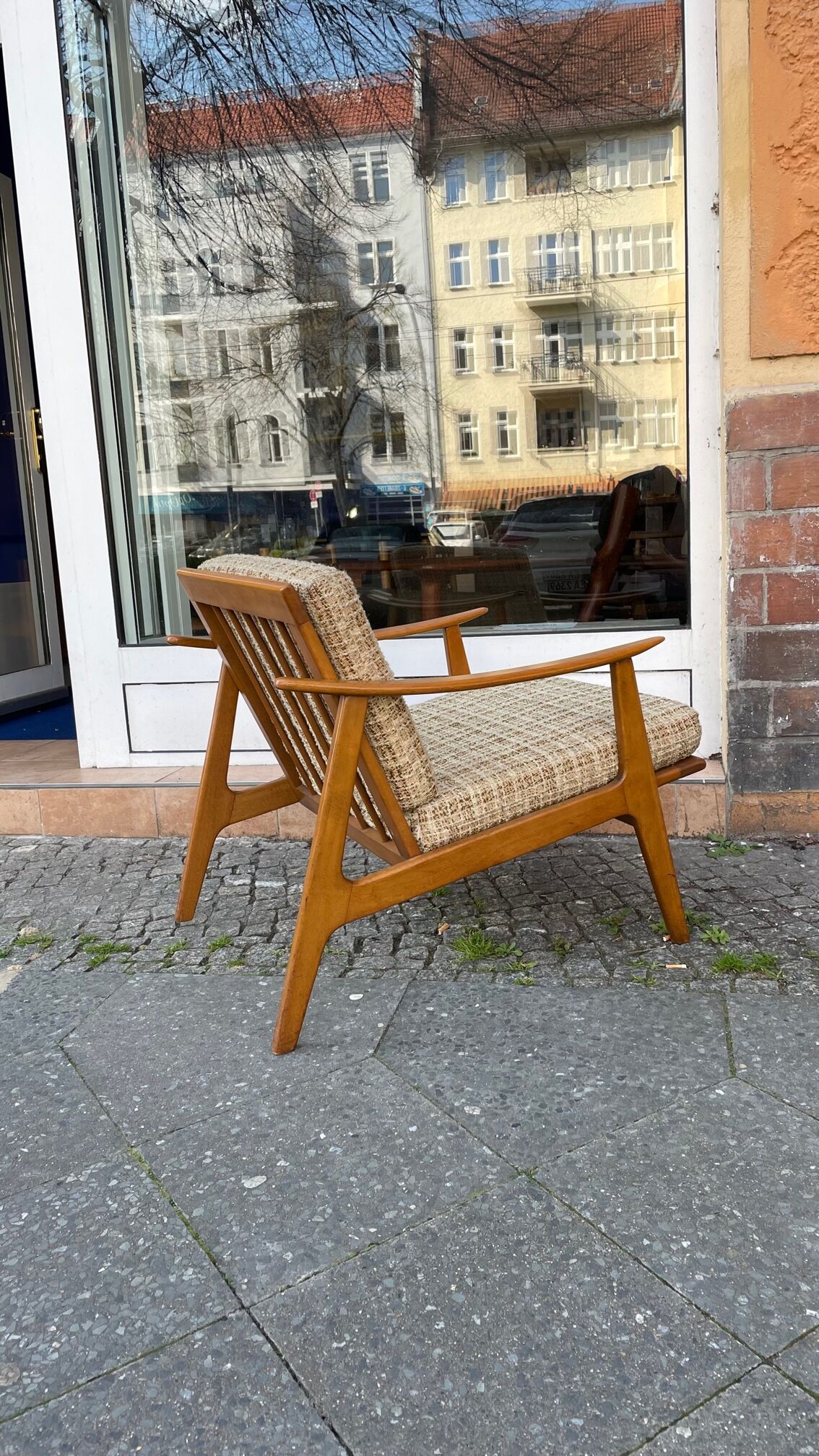 Scandinavian armchair in wood and wool 60s