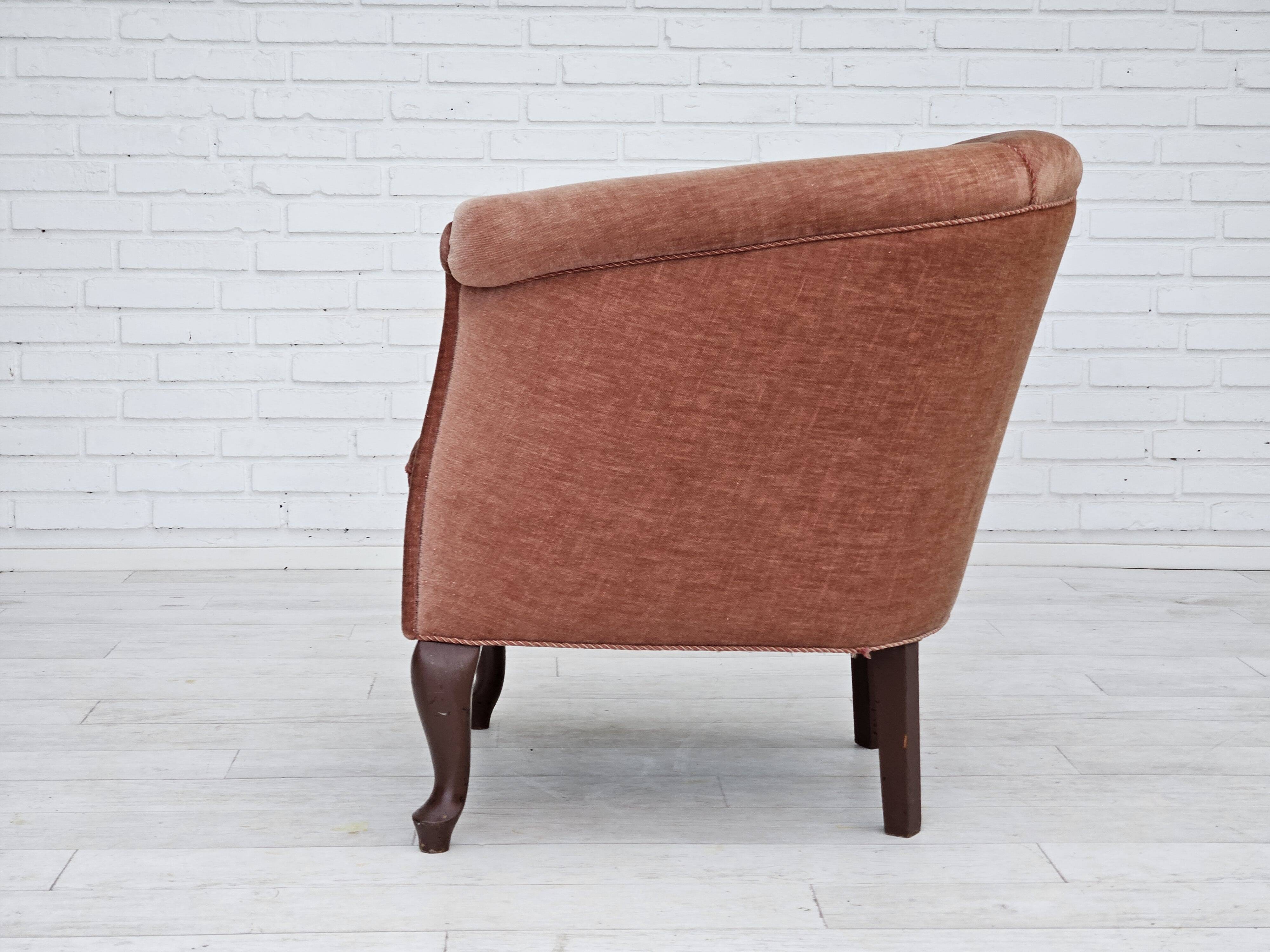 1960s, Danish lounge chair, salmon pink furniture velour, ash wood legs.