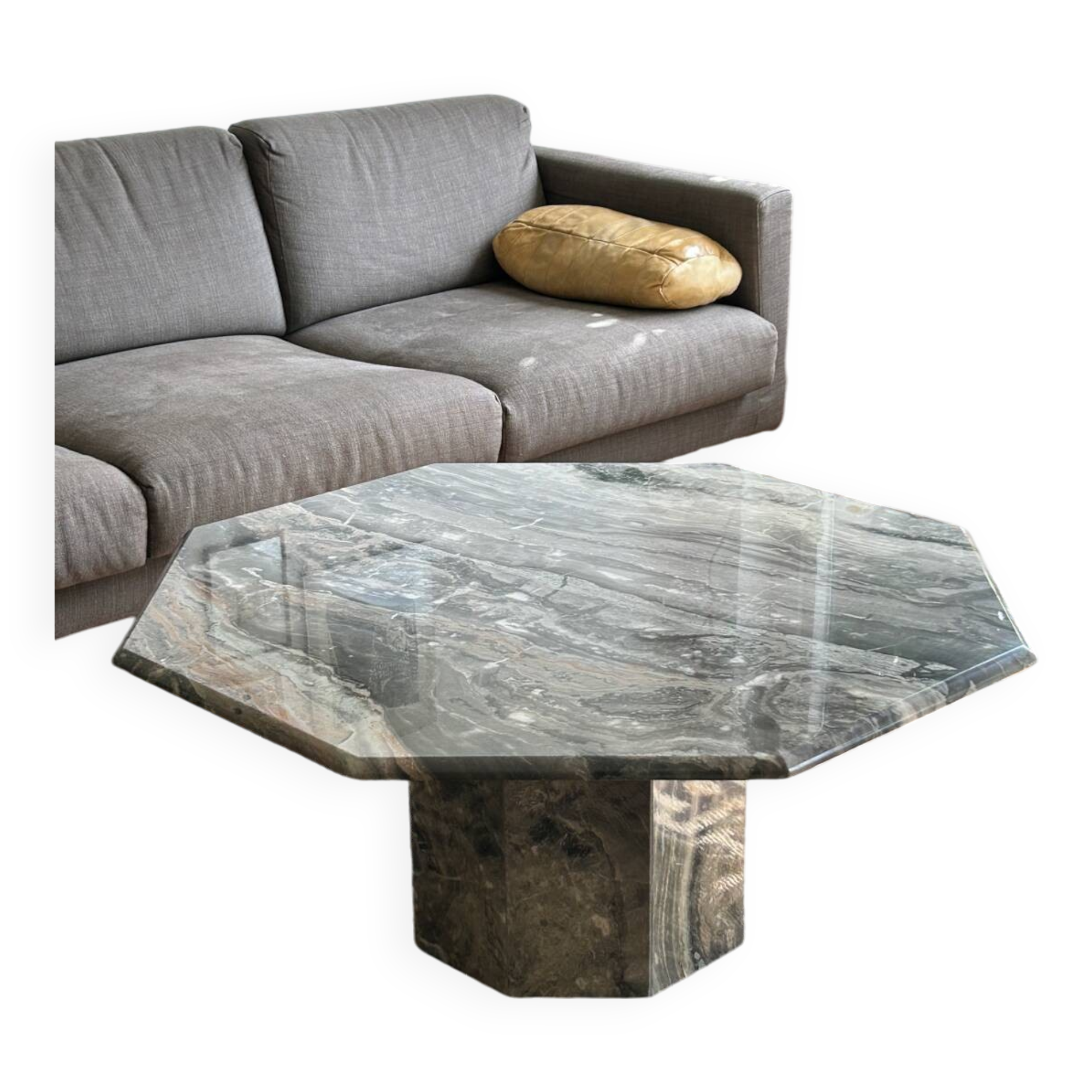 Table basse octogonale en marbre vintage italien en vert gris chaud
