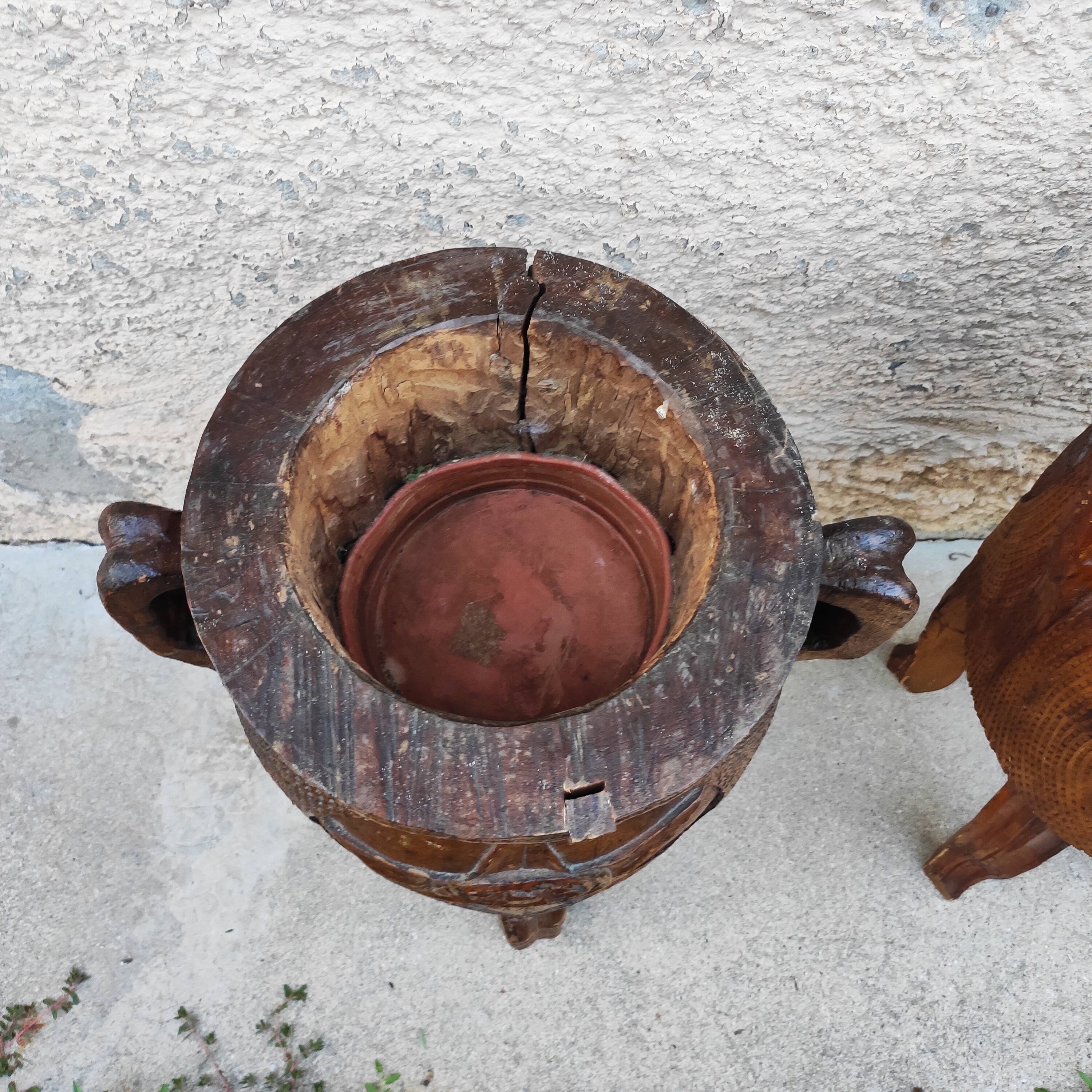 Pair of antique brutalist planters, Savoyard folk art