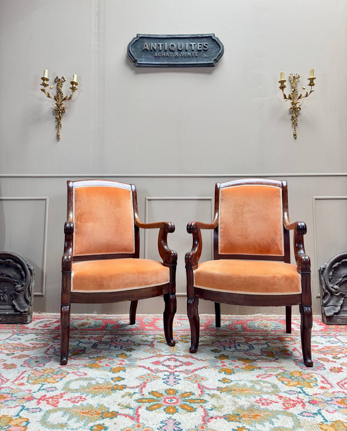 Pair of Solid Mahogany Armchairs from the 19th Century Restoration Period