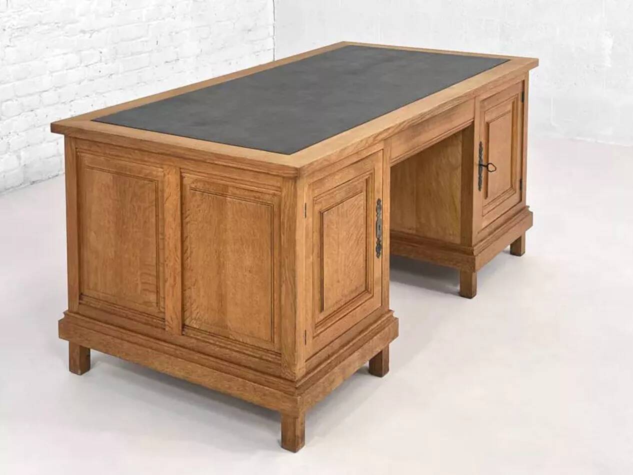 Bureau double face en chêne et cuir