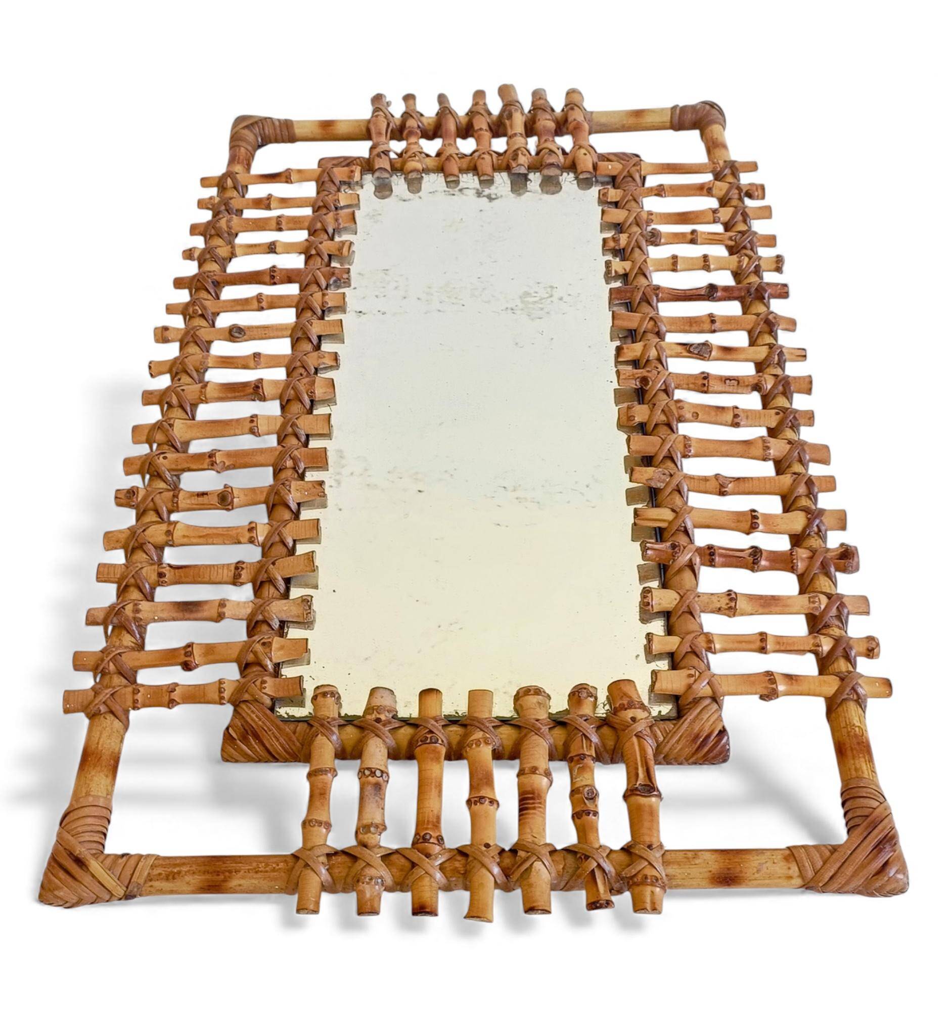 Mid-Century Bamboo & Rattan Mirror With Patina, French Riviera Style, 1950s