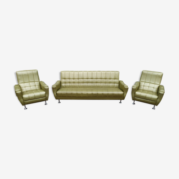 Ensemble Canapé lit 3 places avec 2 fauteuils vintage Skaï effet Bois vert - 1970