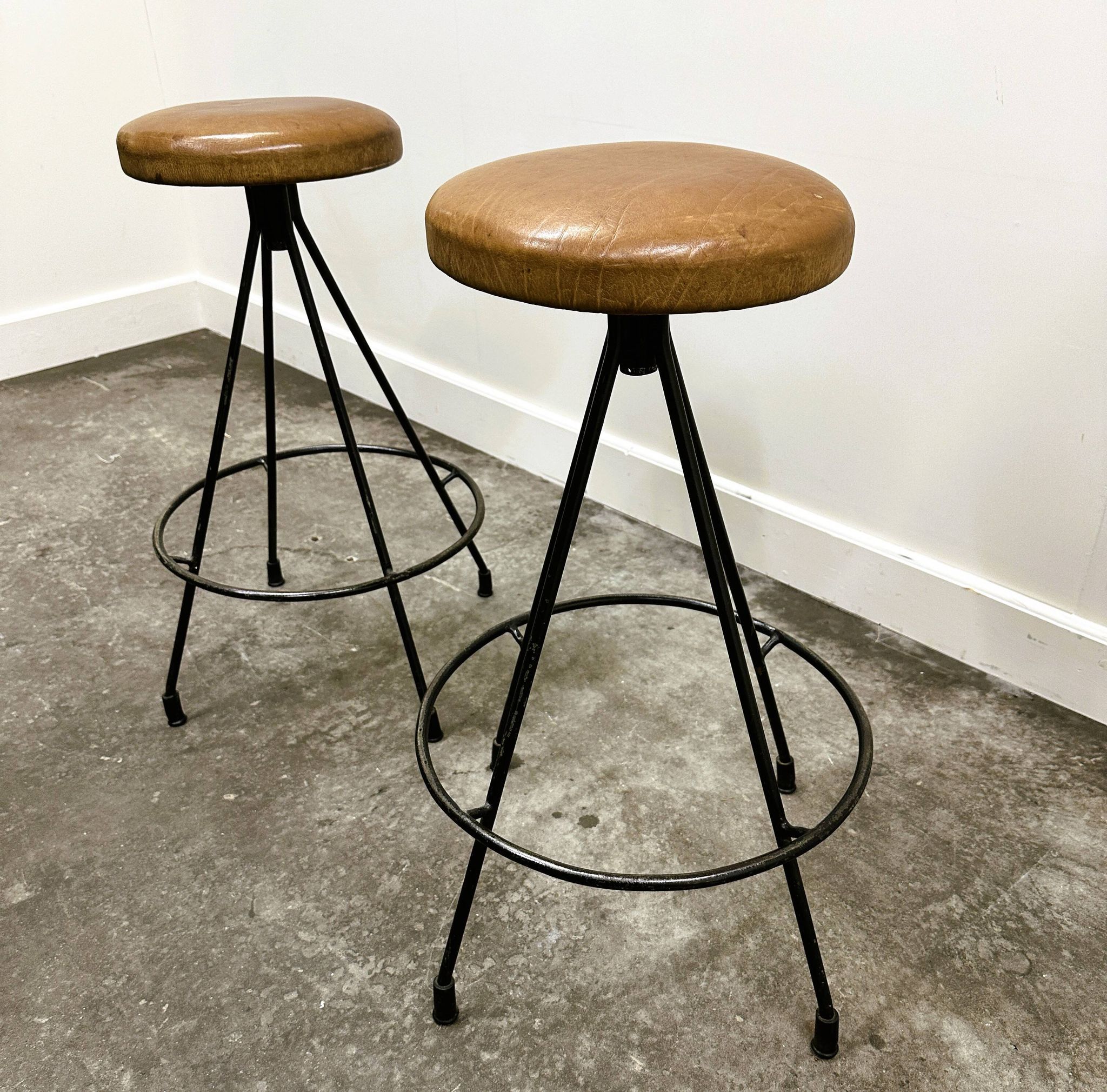 Pair of Industrial Vintage Metal Frame Bar Stools, France 1970s.