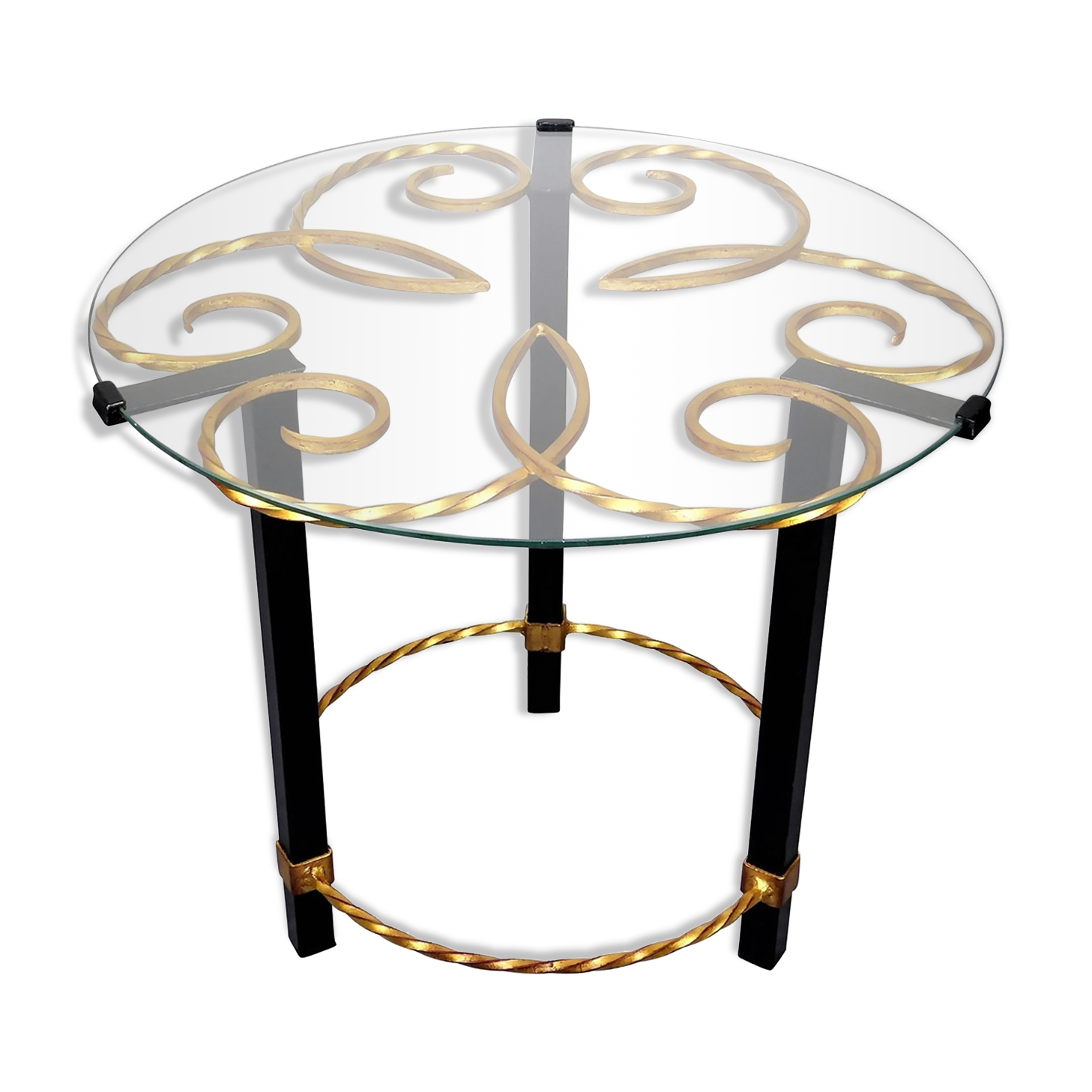 Guéridon plateau verre métal doré 1950