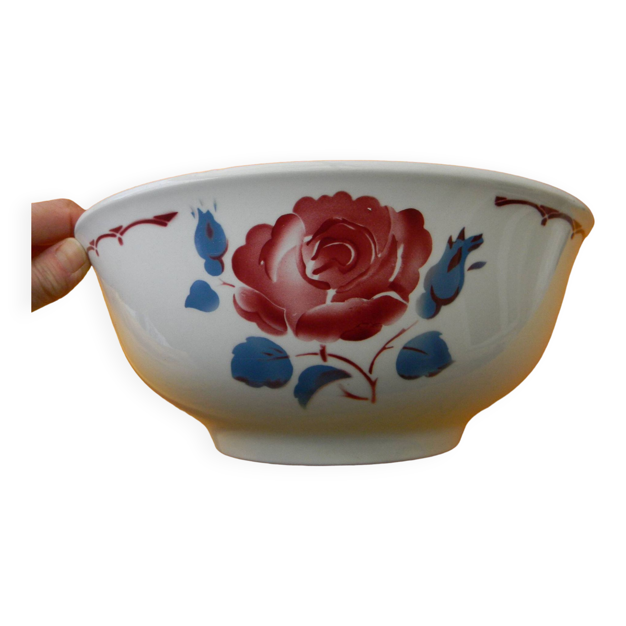 Vintage earthenware salad bowl. Flower decor.