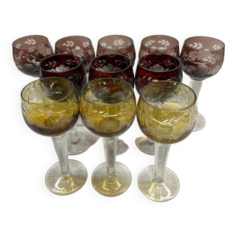Set of 11 colored crystal liquor glasses