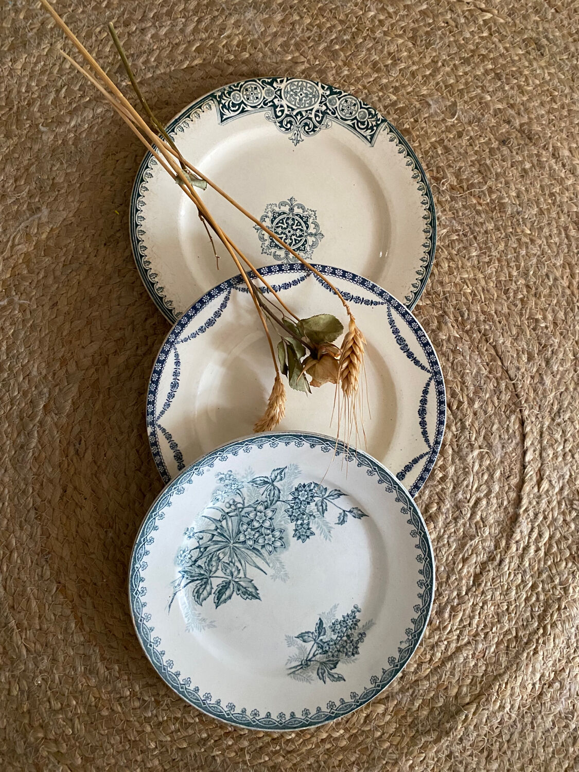 3 mismatched iron earth flat plates in green.