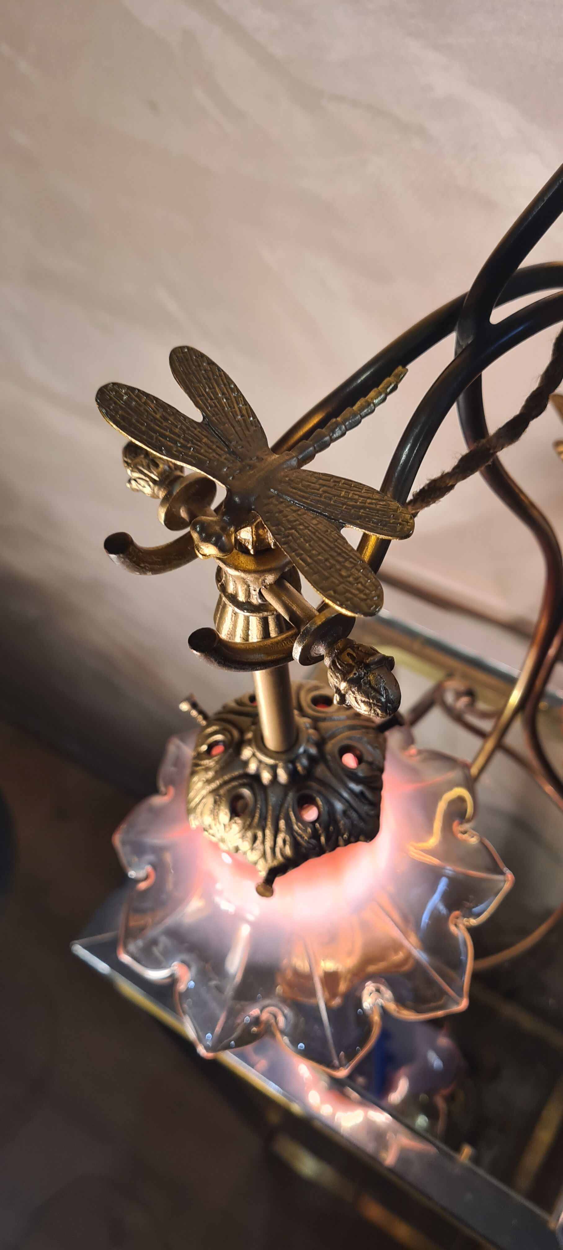 Brass lamp with Art Nouveau libelules , Majorelle style, Muller and Frere, 45x30 with tulip