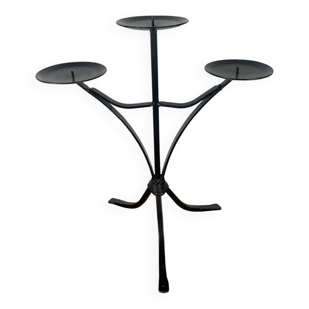 Chandelier en fer forgé , peint en noir, pour 3 bougies | Selency