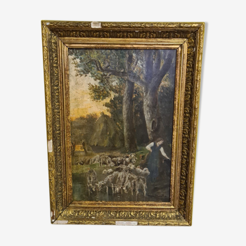 Antique French Painting Oil on Wood Sheep Farmer, Dated 1810.