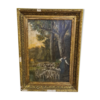 Antique French Painting Oil on Wood Sheep Farmer, Dated 1810.