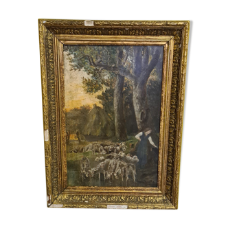 Peinture français antique à l’huile sur bois d’éleveur de moutons, datée de 1810.