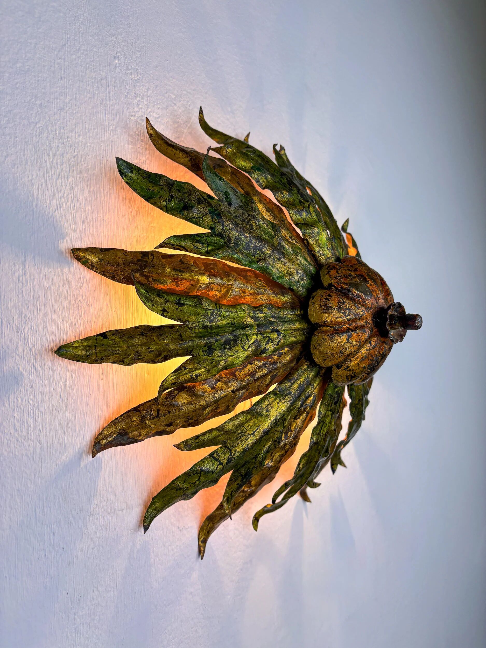 Mid-century Spanish sunburst foliage ceiling light fixture or sconce, green and gilt iron, 1950s
