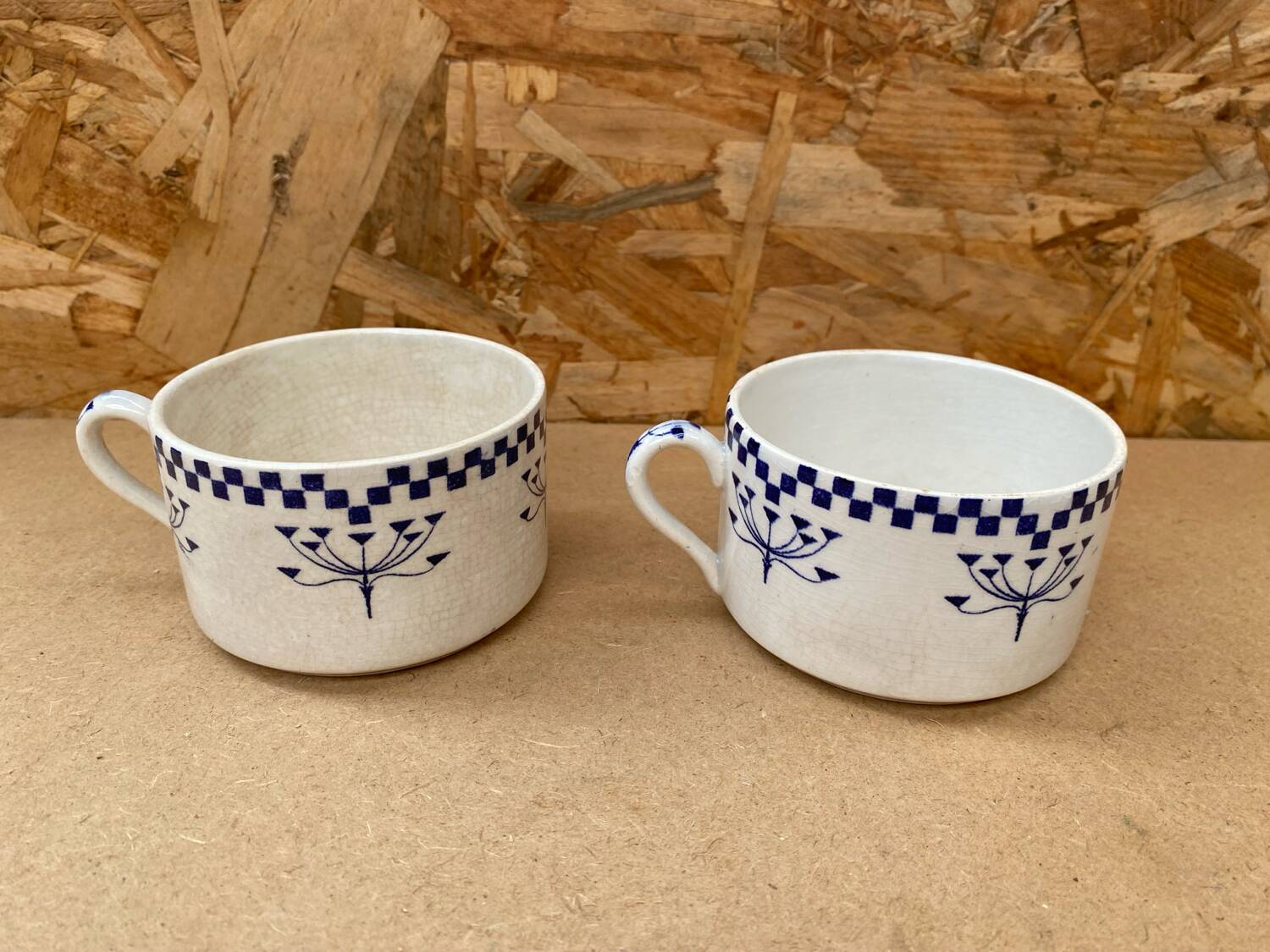 Pair Antique Creil & Montereau Mug Checkerboard Pattern Ceramic France