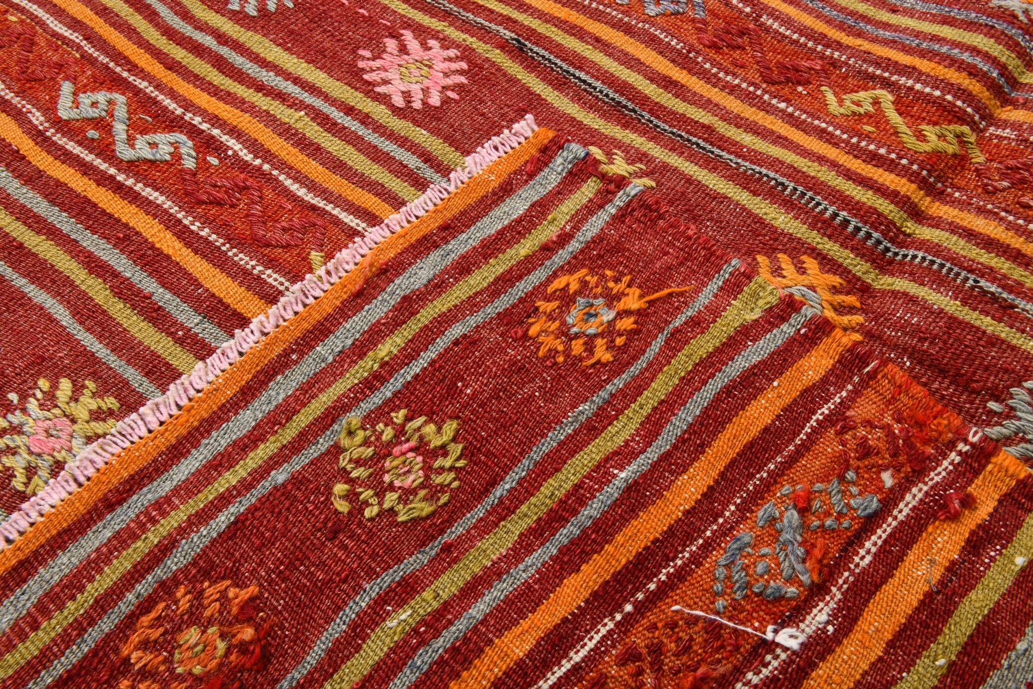 4x7 Red Orange Striped Handmade Wool Kilim Rug
