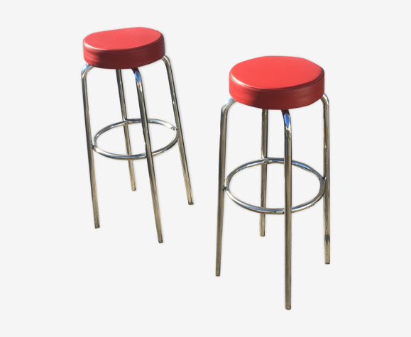 Paire de tabourets de bar en skaï rouge et chrome édités par Stella années 50/60