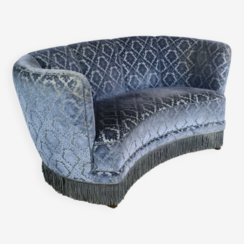 Art deco blue velvet banana sofa, denmark 1950s