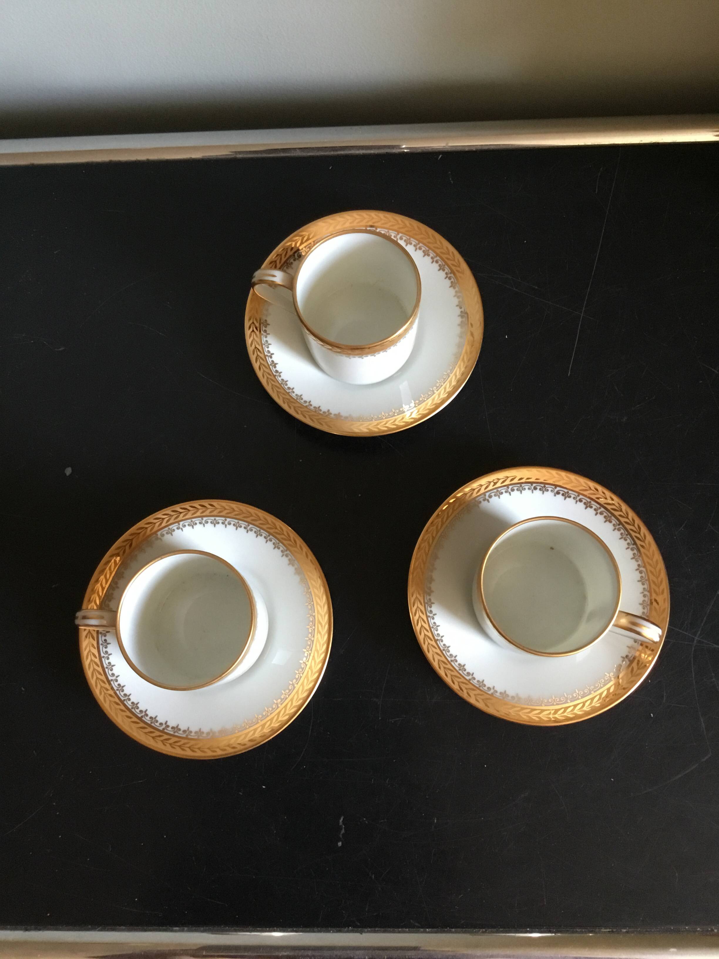 3 coffee cups and saucers in Limoges porcelain