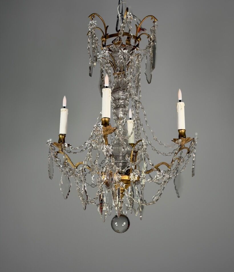 Bronze chandelier with cut crystal pendants, circa 1800.