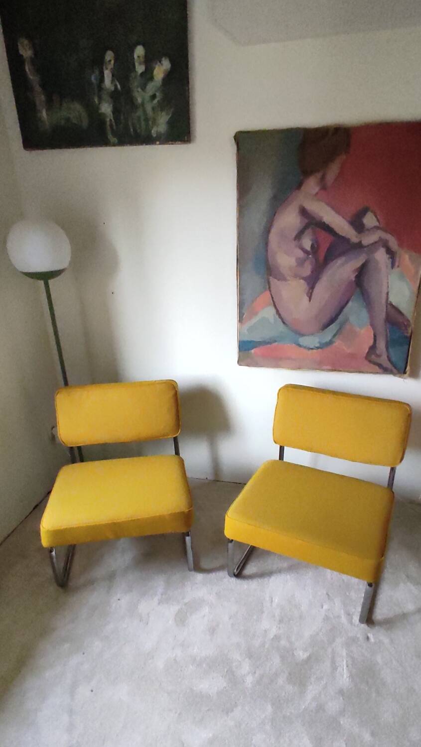Pair of 70s low chairs with chrome tubing