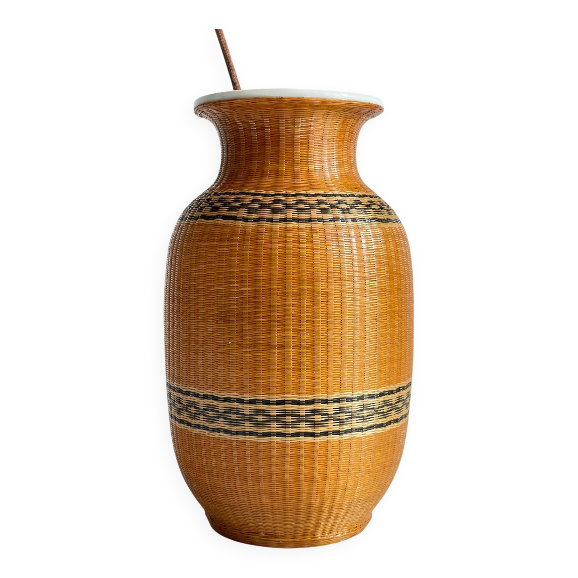 VINTAGE Woven Bamboo and Fine Porcelain VASE