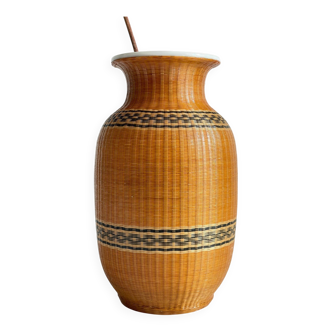 VINTAGE Woven Bamboo and Fine Porcelain VASE