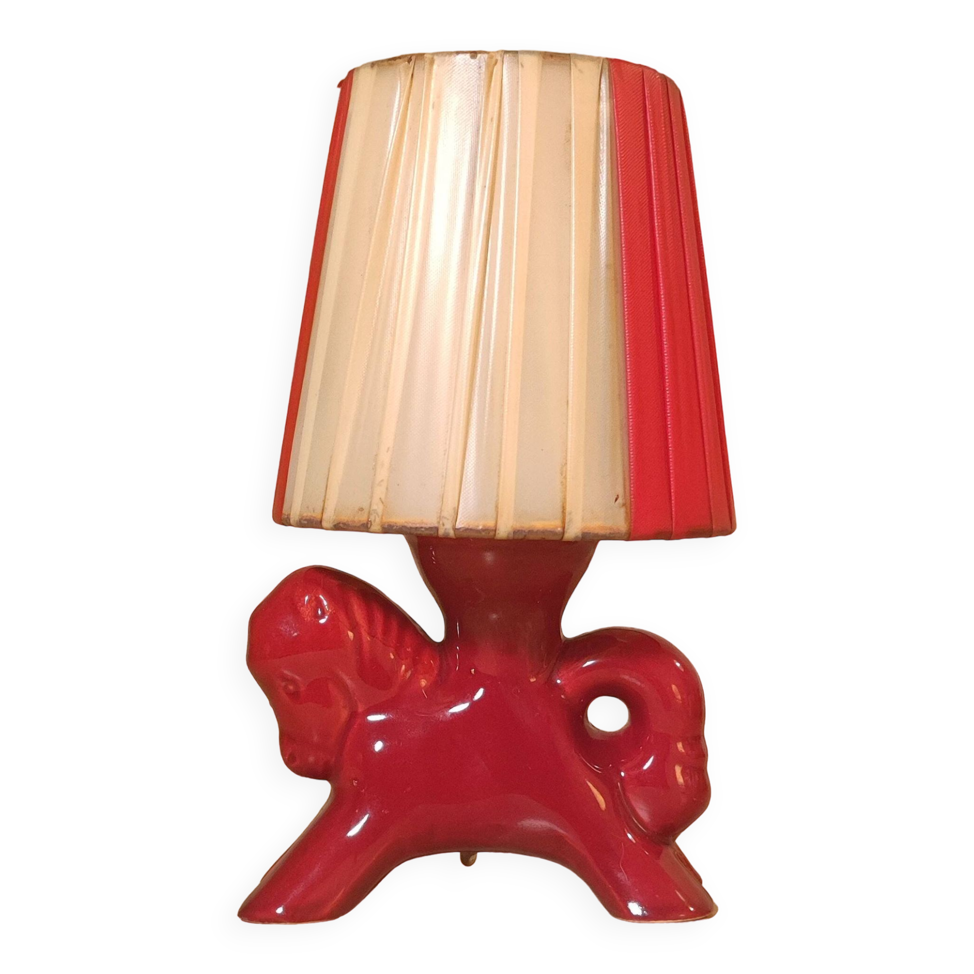 Burgundy ceramic horse lamp from the 1950s