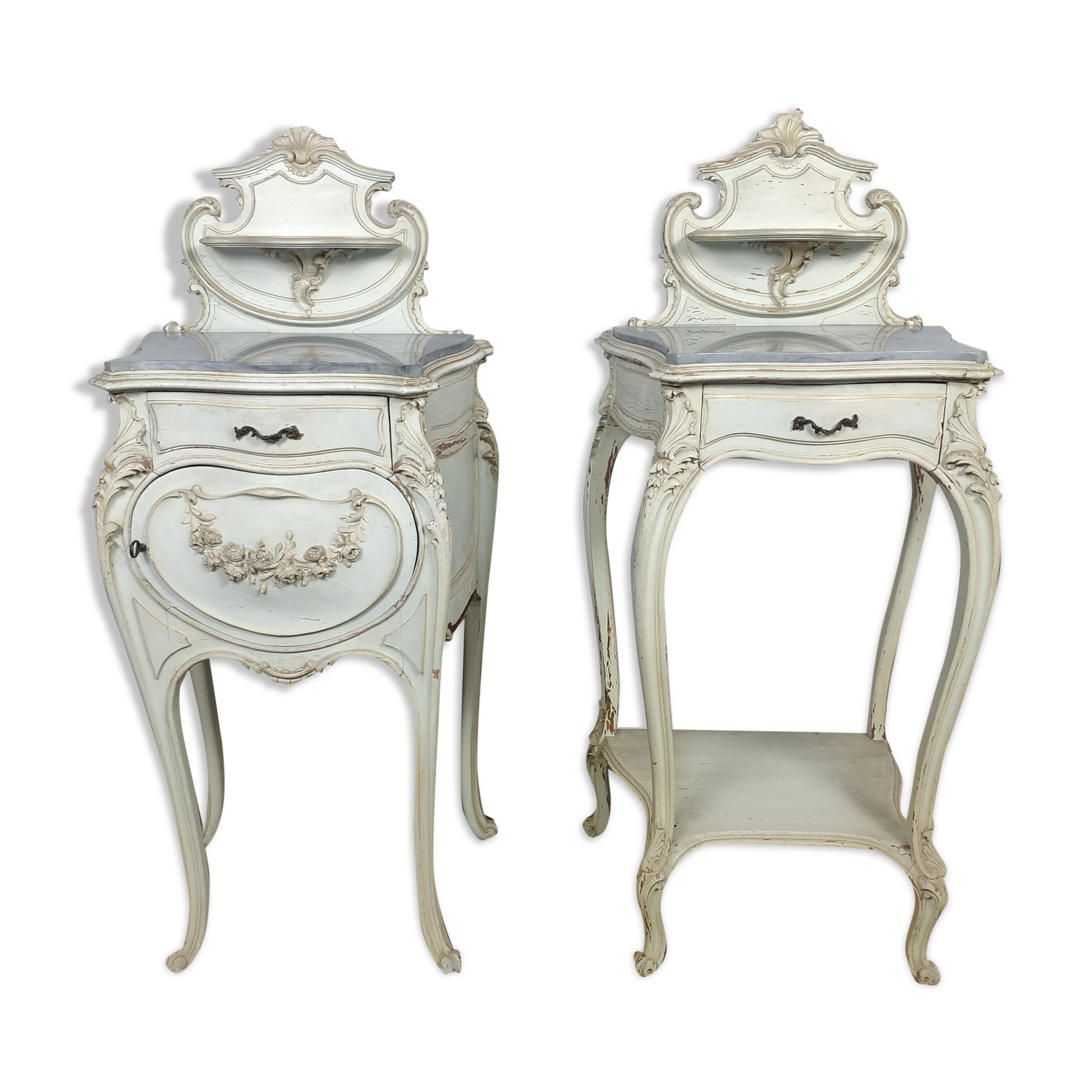 Louis XV white rock bedside pair