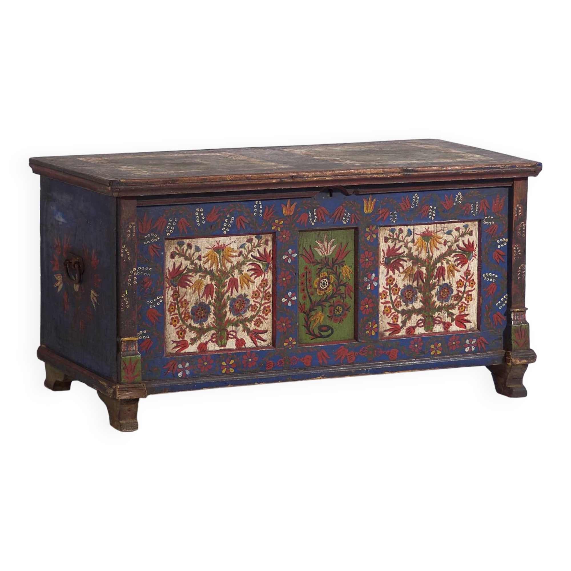 Antique blue trunk with hand-painted floral details (c.1870) #2