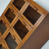 Vintage dutch oak haberdashery shop cabinet / vitrine drop down doors, 1930s