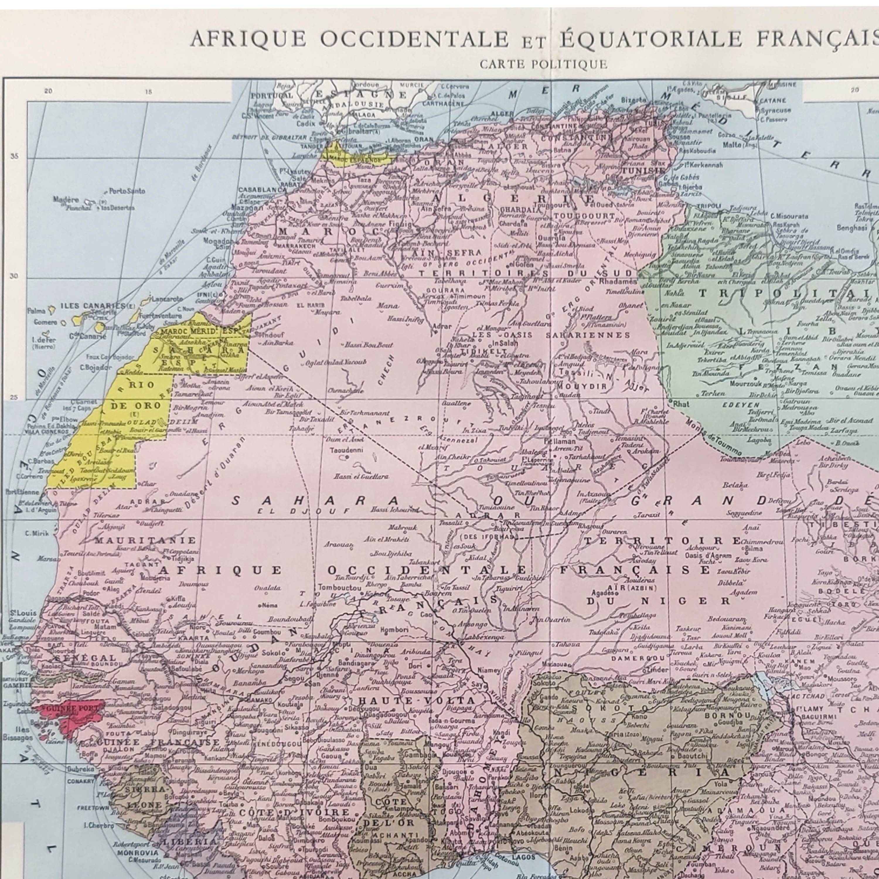 Antique map of French West and Equatorial Africa in 1950 43x43cm