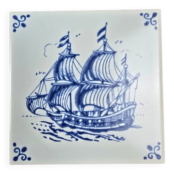 Old tile Royal Mosa Holland – Blue Delft sailboat – Vintage earthenware