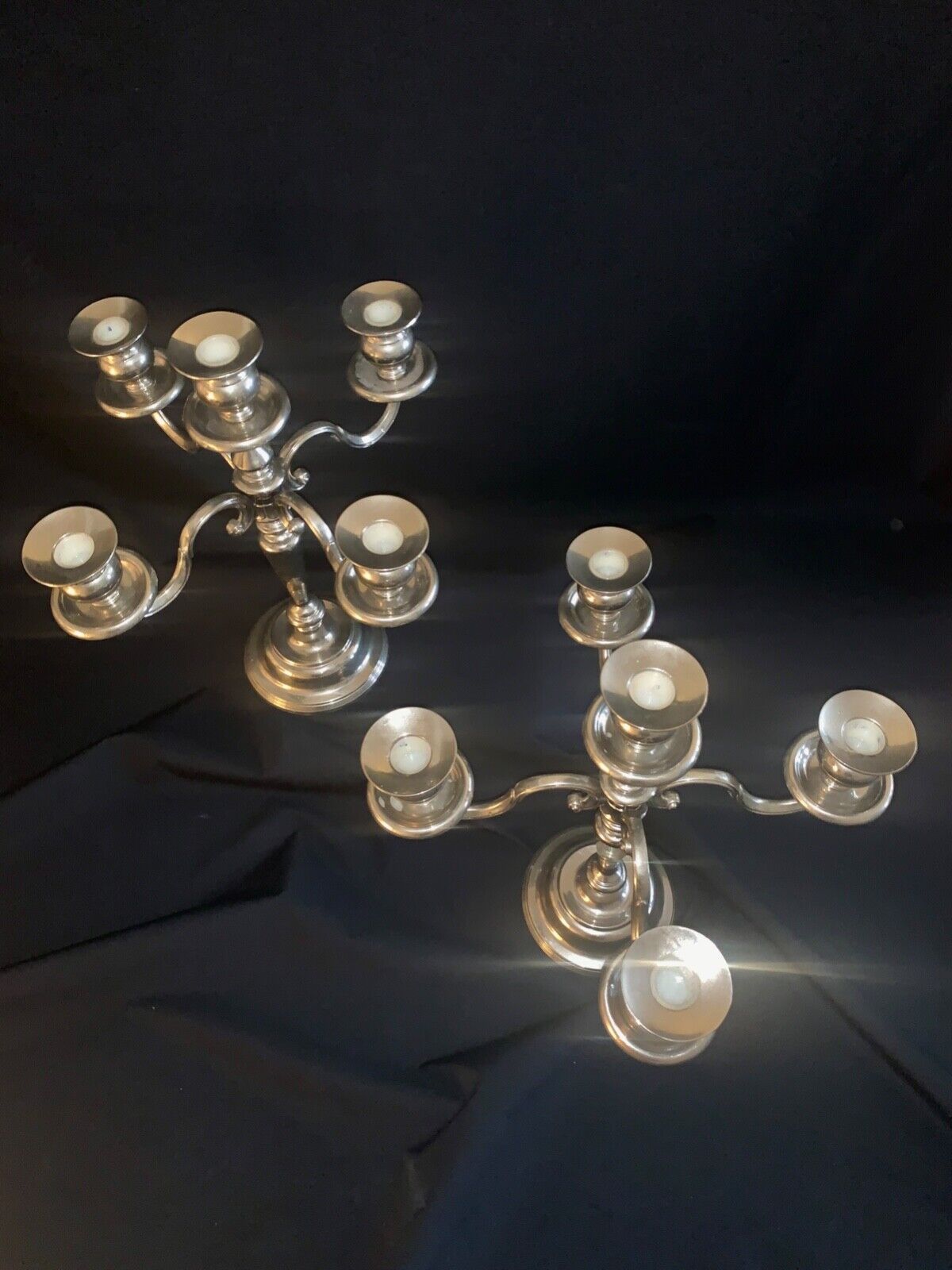 2 candlesticks, candelabras, silver metal, 5 flames, 37 cm