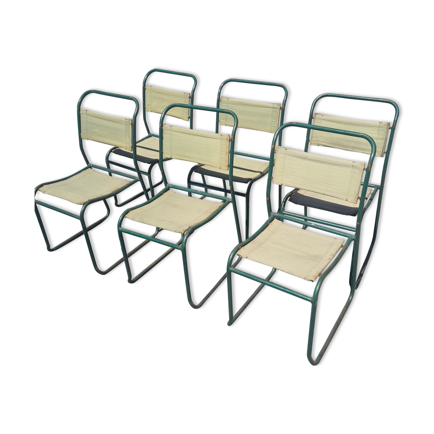 Series of 6 stackable military chairs modernist canvas and metal